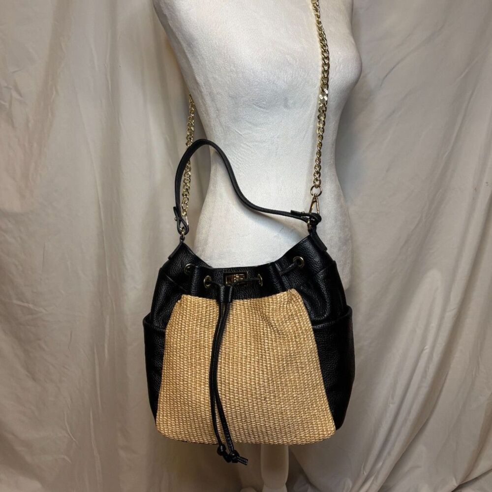 Unica Firenze Italian Black Leather Faux Straw Drawstring Purse Bag Italy